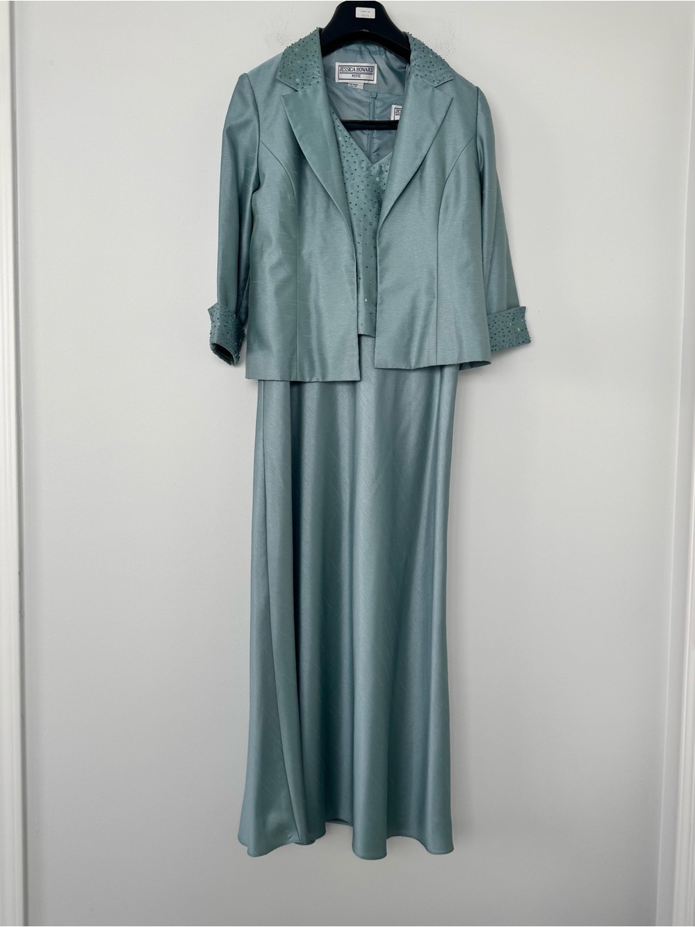 NWT Jessica Howard Petite 8 2pc Formal Dress Jacket Set Beaded Blue Evening Gown
